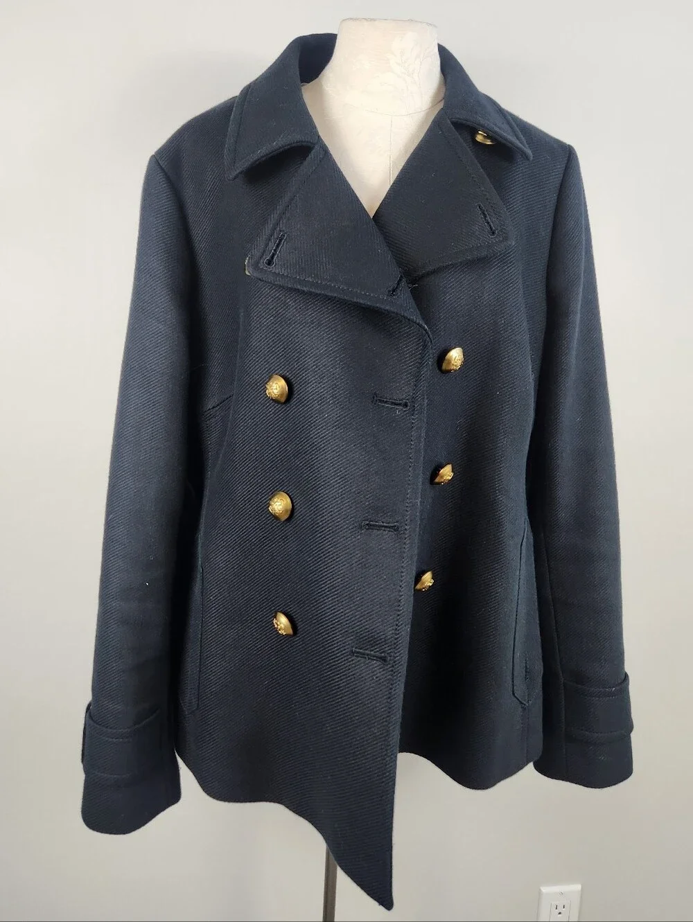 Heavy Cotton Pea Coat Navy Blue Gold Button Double Breasted XL Preppy Heritage - Picture 3 of 16